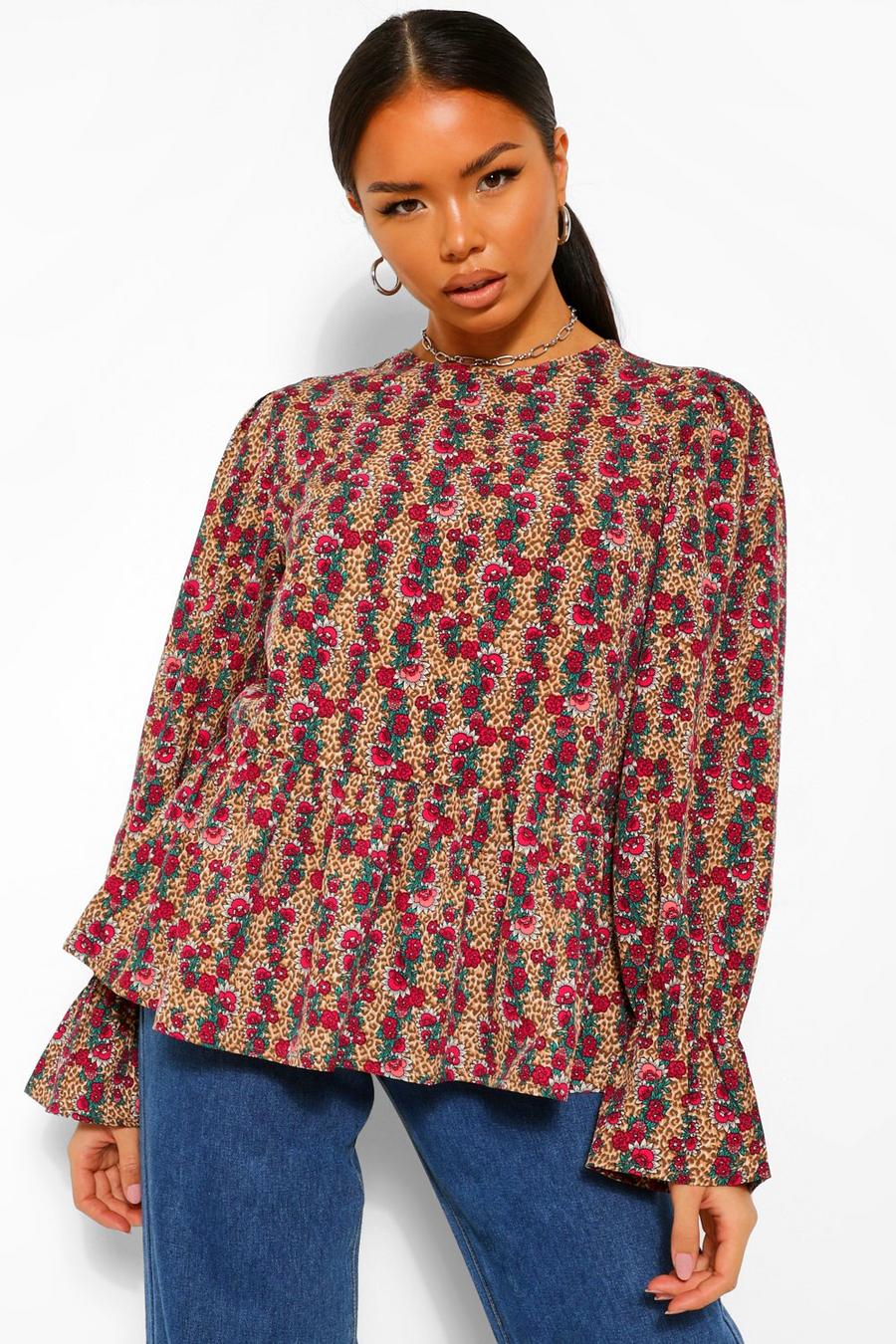 Top estilo blusón con estampado floral y leopardo, Marrón image number 1