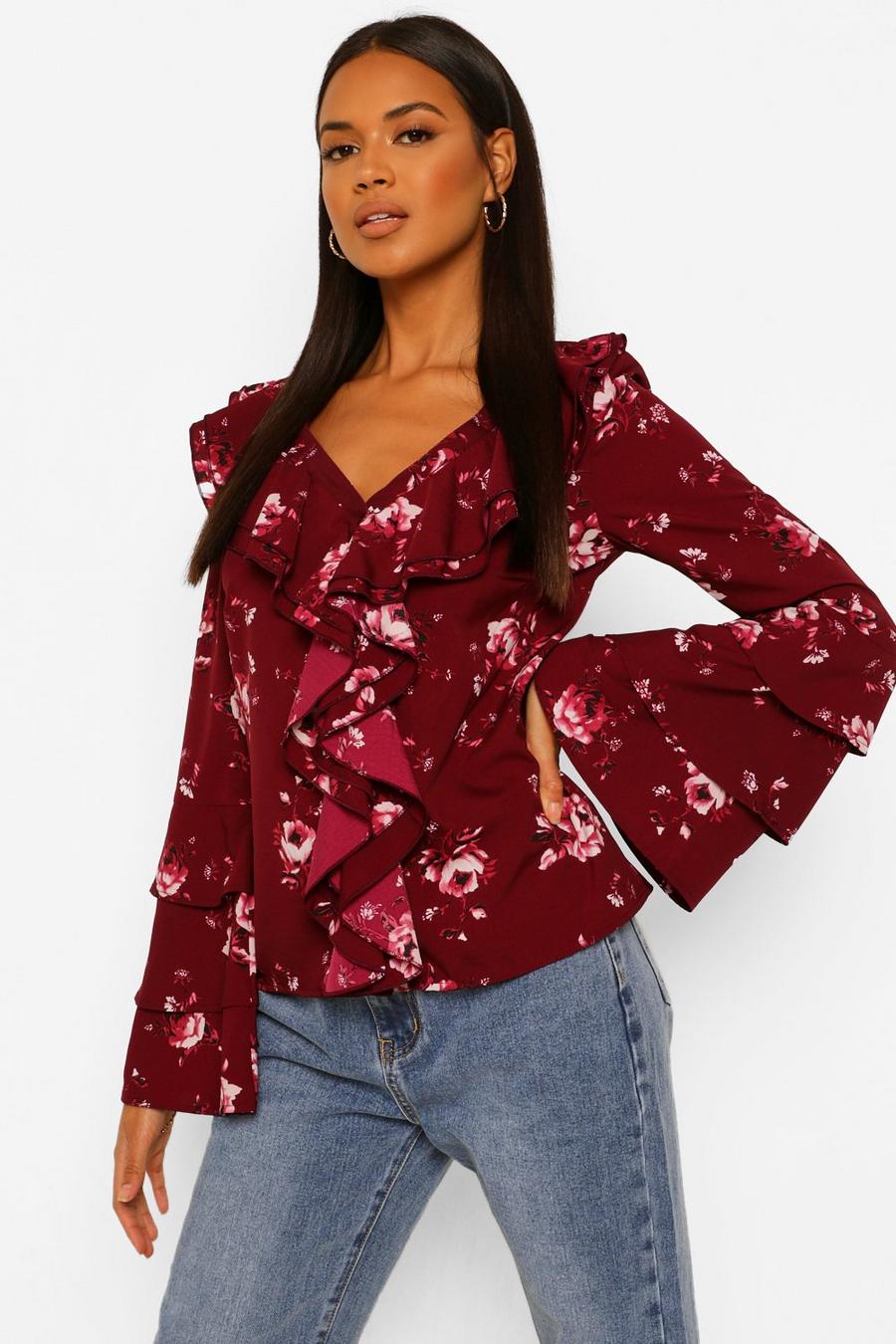 Berry Woven Floral Ruffle Blouse image number 1