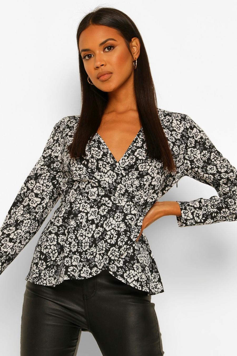 Black Woven Floral Wrap Peplum Top image number 1