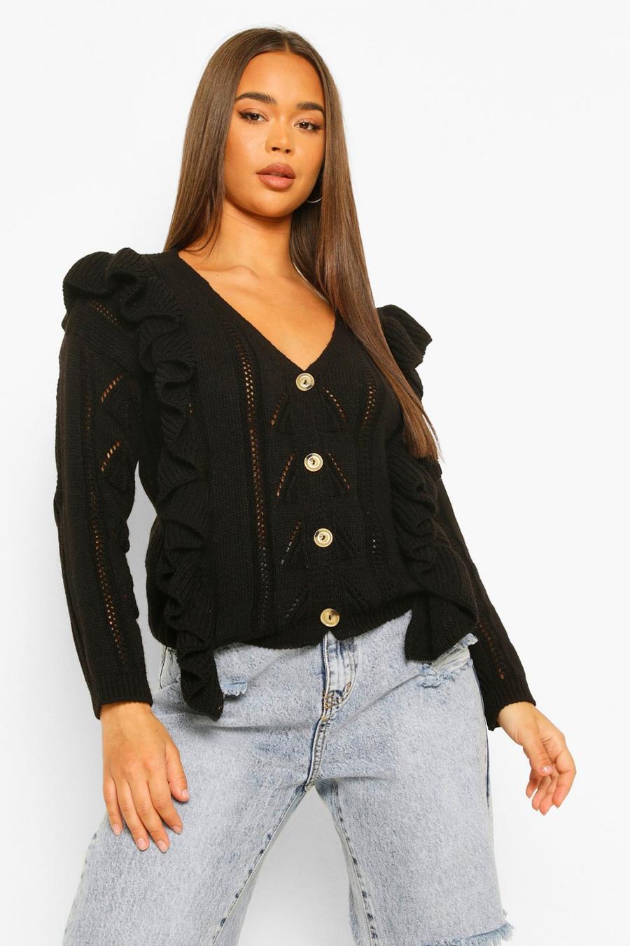 Black Frill Detail Open Knit Cardigan image number 1