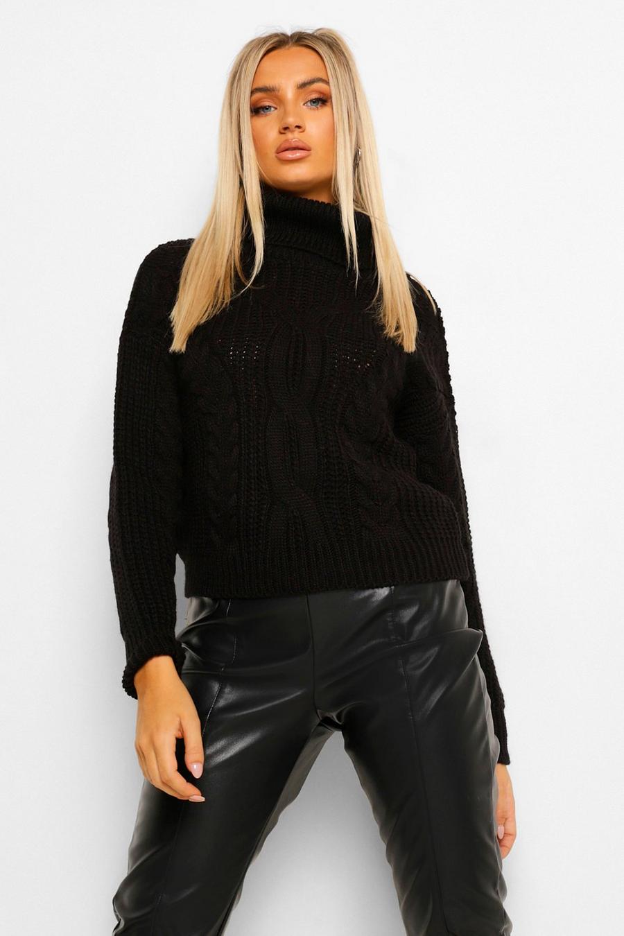 Black Roll Neck Cable Knit Cropped Jumper image number 1