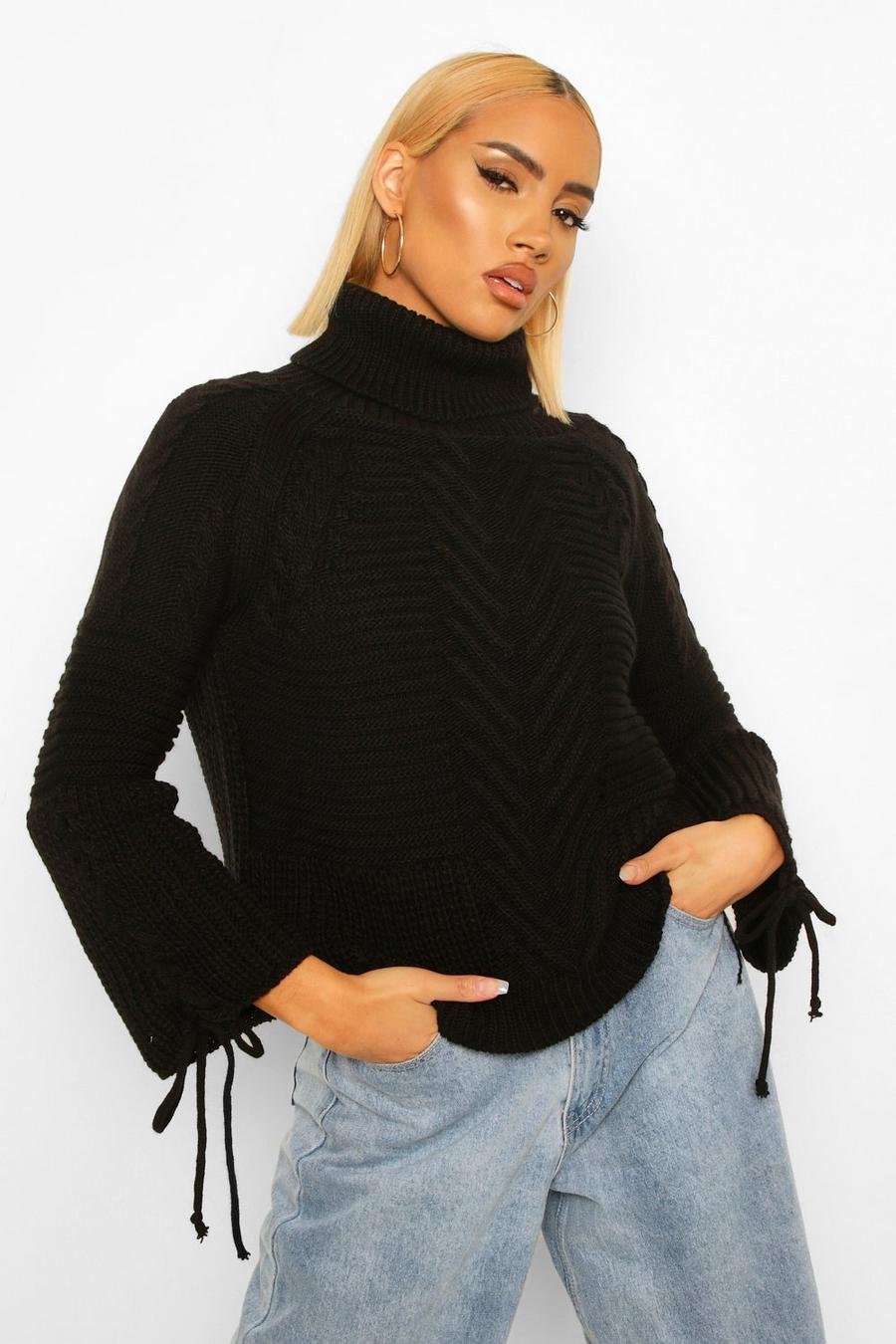 Black Turtleneck Lace Up Sleeve Sweater image number 1