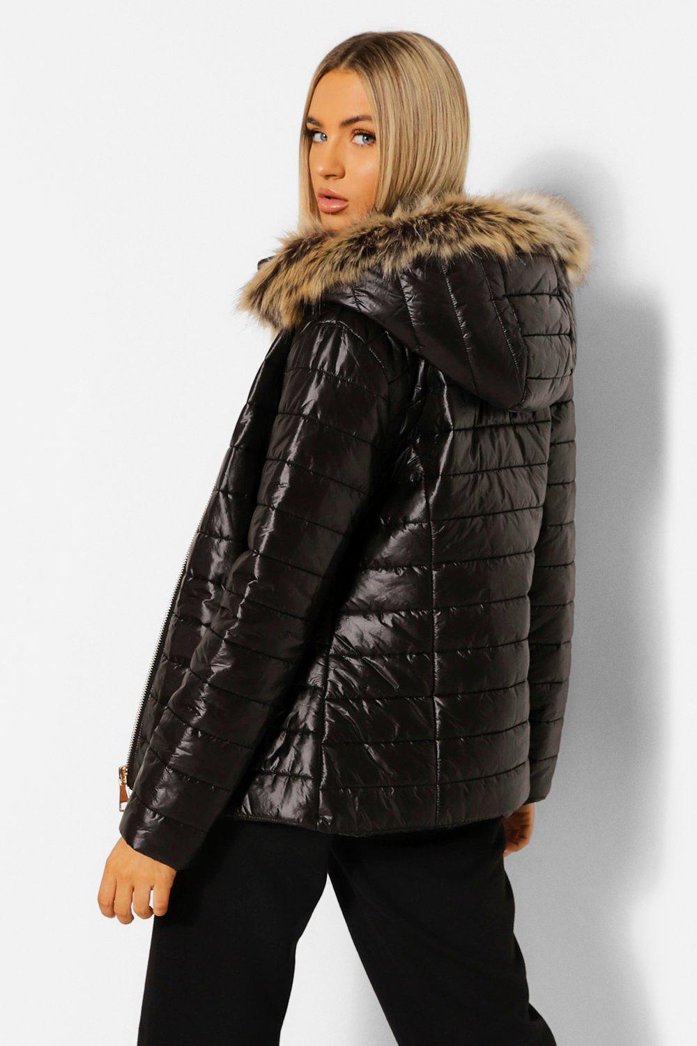 black faux fur trim fitted puffer jacket