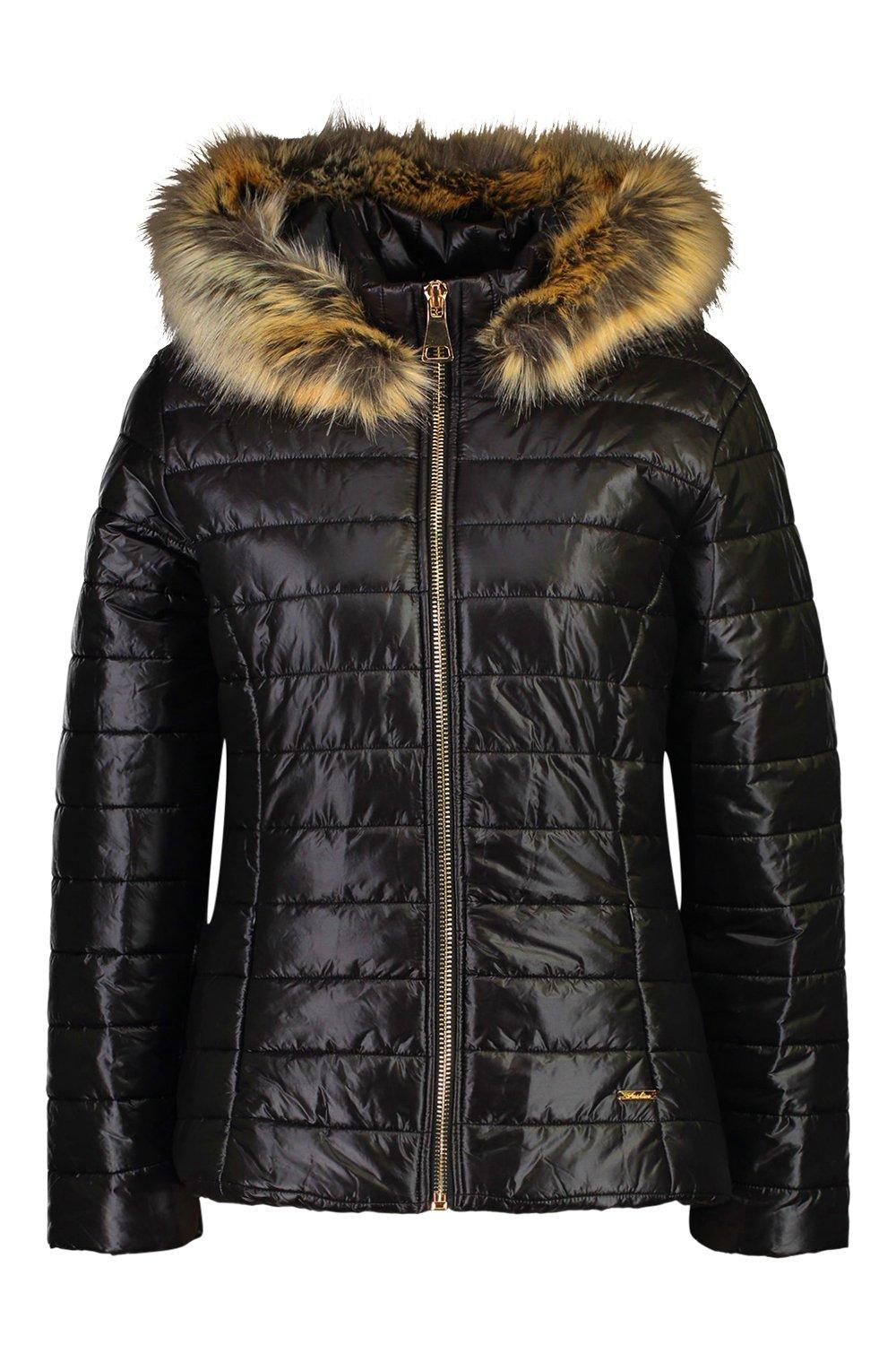 black faux fur trim fitted puffer jacket