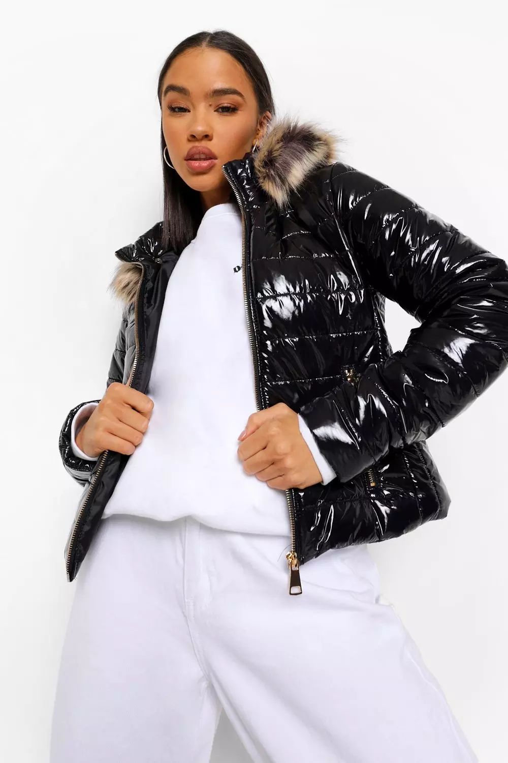 Black faux fur cheap high shine puffer jacket