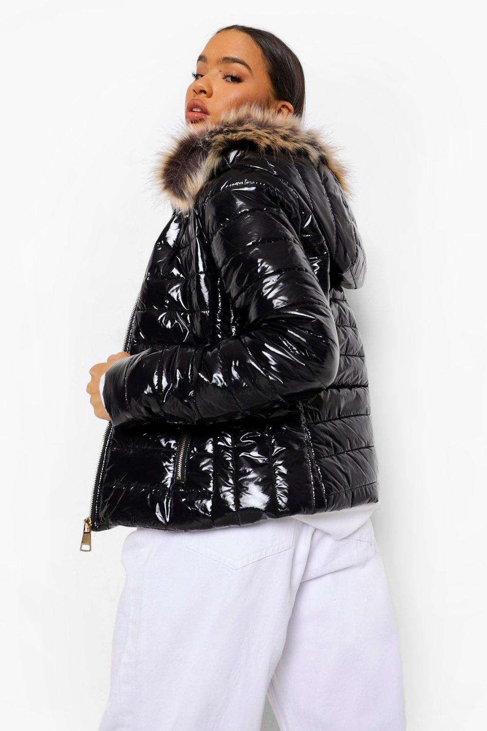 River Island Faux Fur Trim High Shine Puffer Jacket In