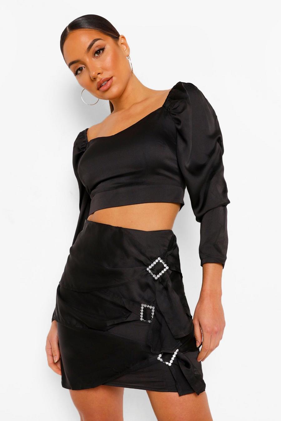 Black Satin Top And Diamante Buckle Skirt Co-ord Set image number 1