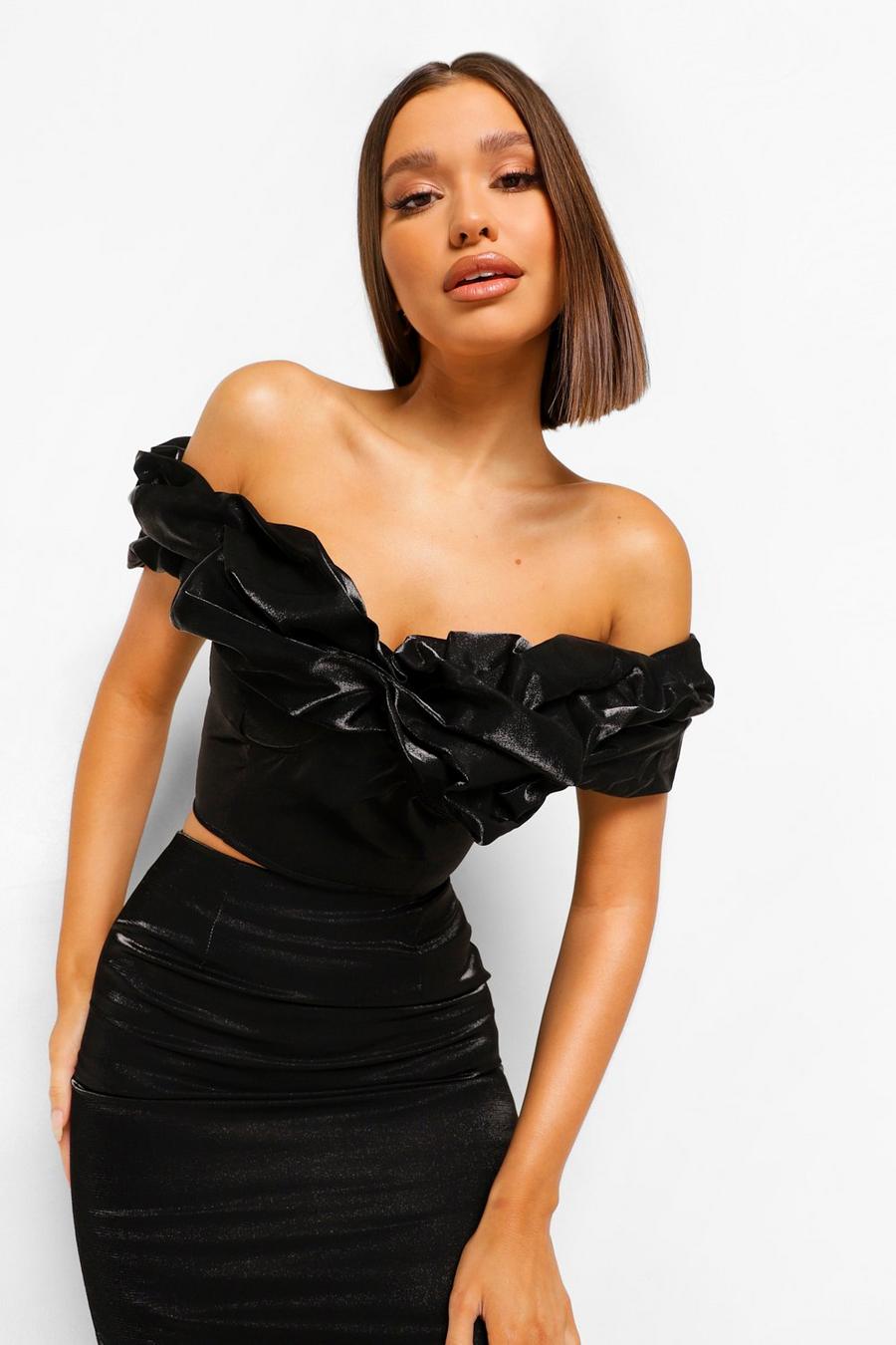 Black Off The Shoulder Top And Midi Skirt Two-Piece Set image number 1