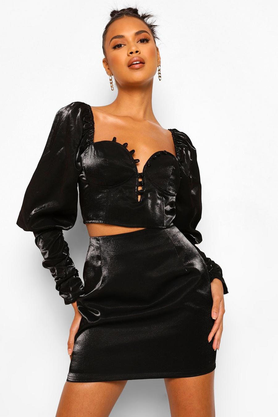 Black Volume Sleeve Corset Top And Mini Skirt Co-ord Set image number 1