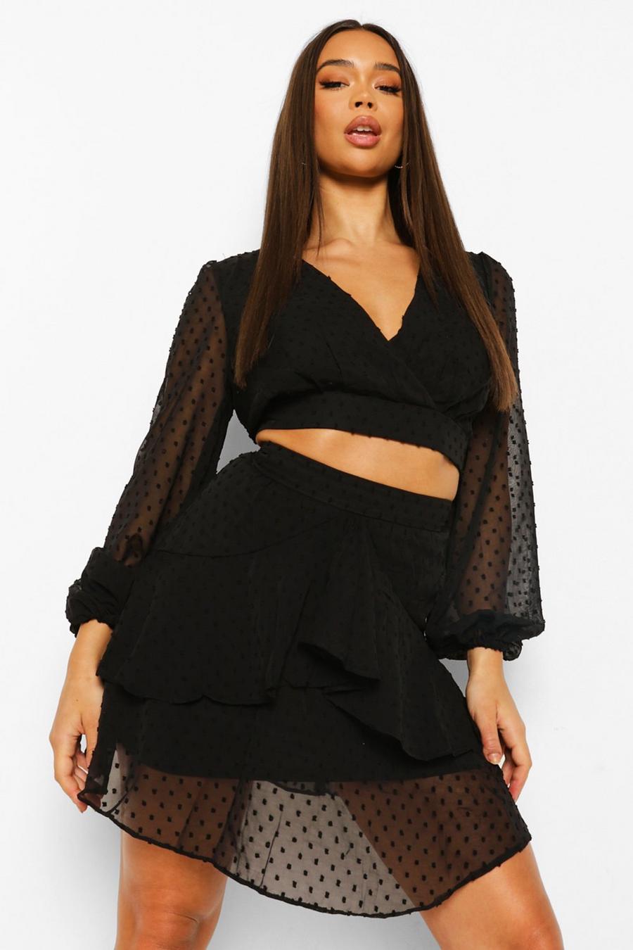 Black Dobby Mesh Top And Frill Hem Mini Skirt Two-Piece image number 1
