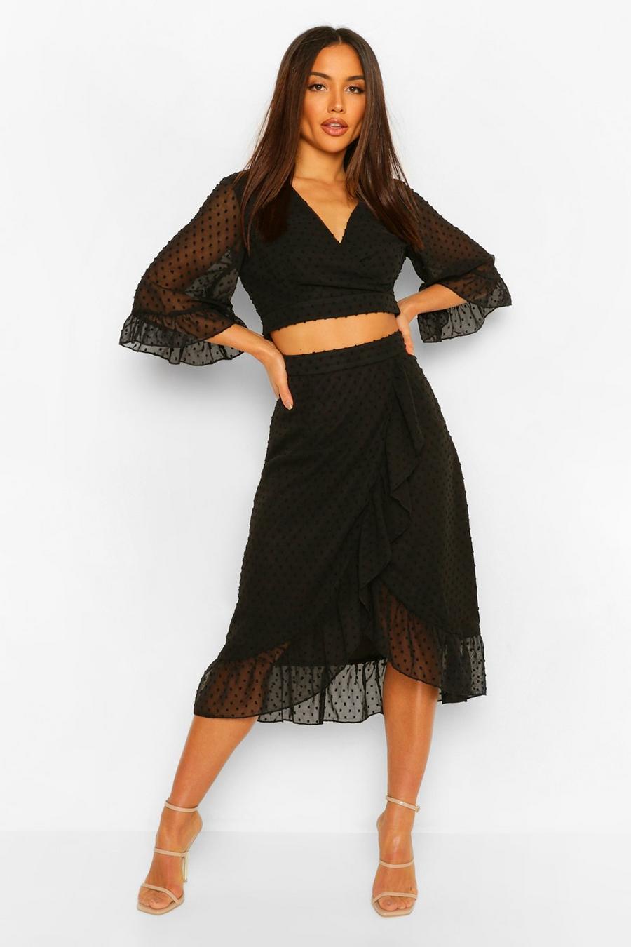 Black Dobby Mesh Wrap Blouse And Midi Skirt Two-Piece Set image number 1