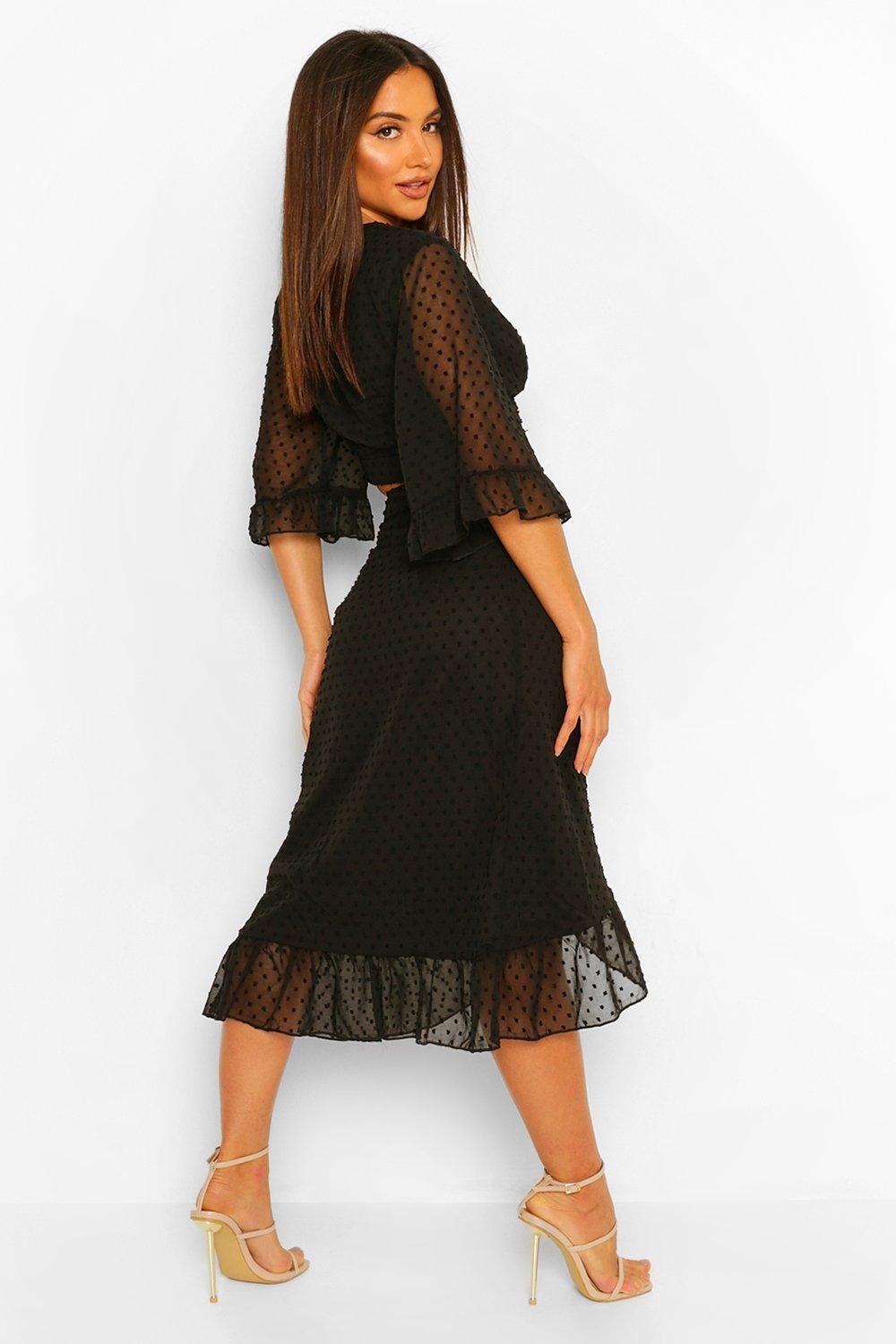 Dobby Mesh Wrap Blouse And Midi Skirt Co ord Set