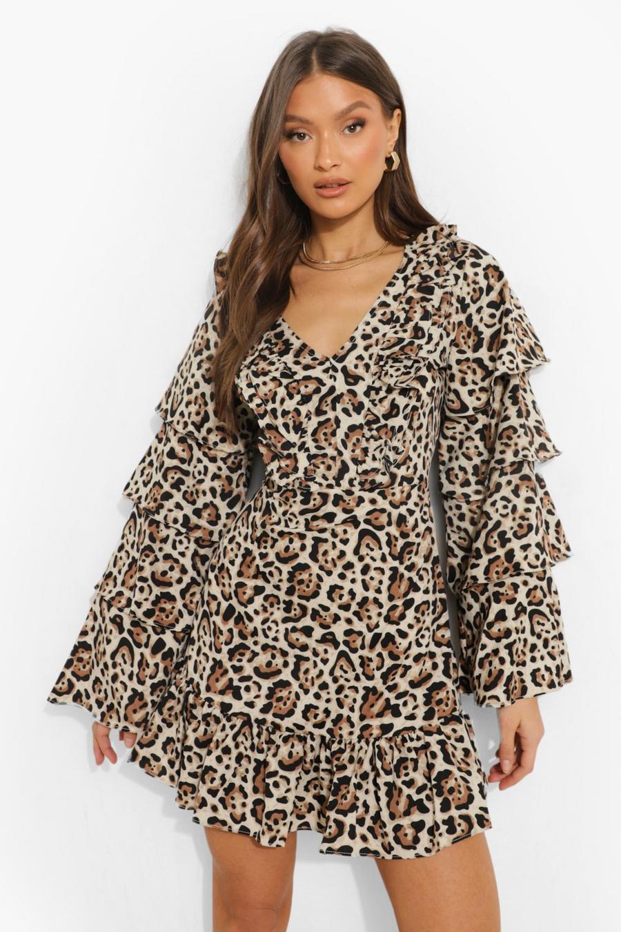 Ecru Leopard Print Ruffle Sleeve Skater Dress image number 1