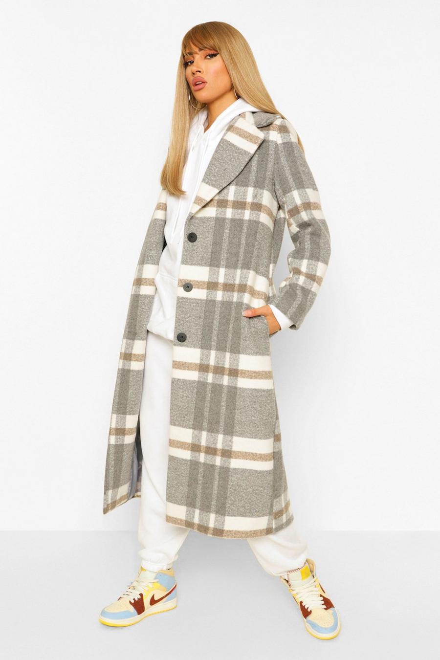 Grey Check Oversized Wool Look Coat image number 1