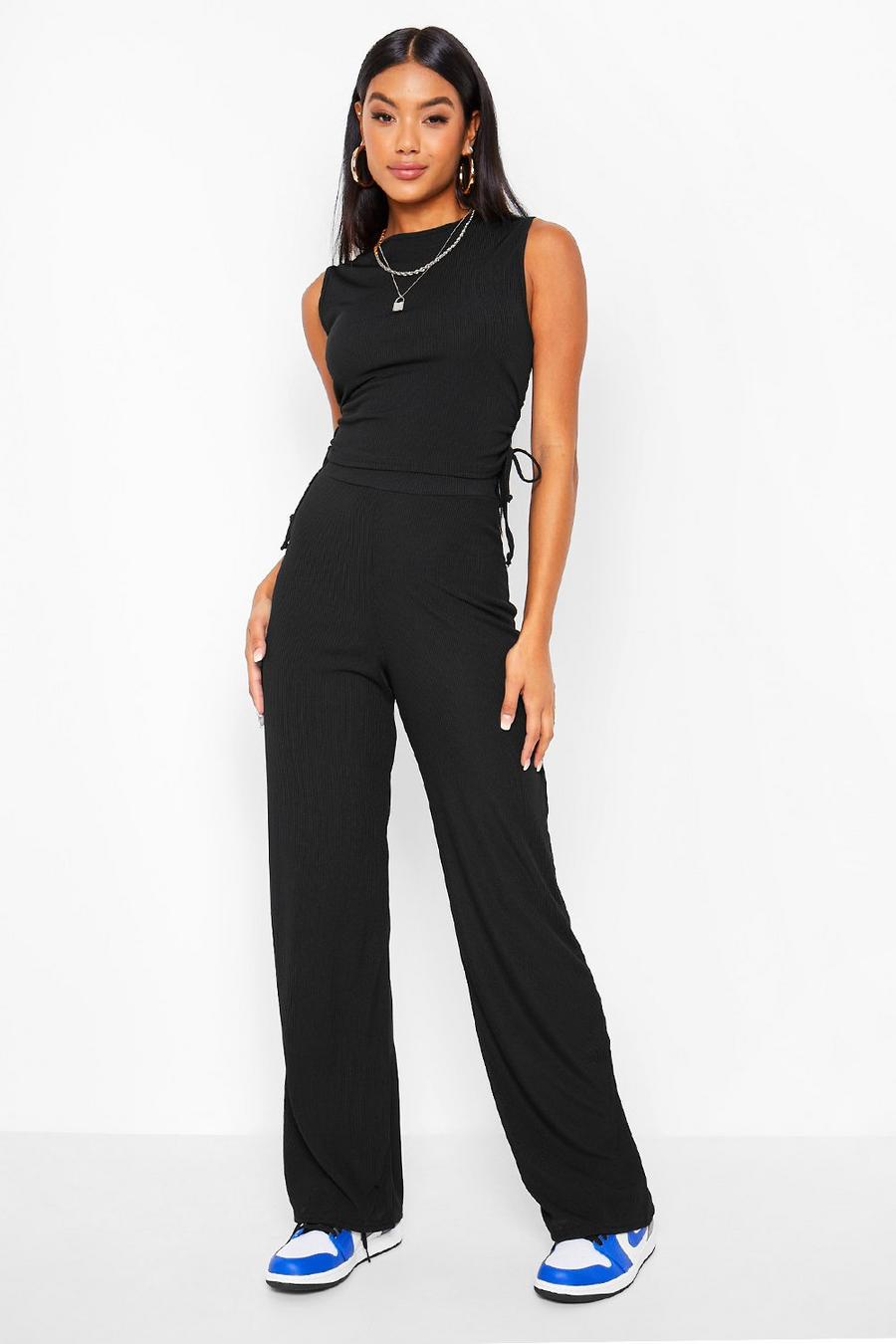 Black Rib Ruched Longline Top And Wide Leg Pants Coord image number 1