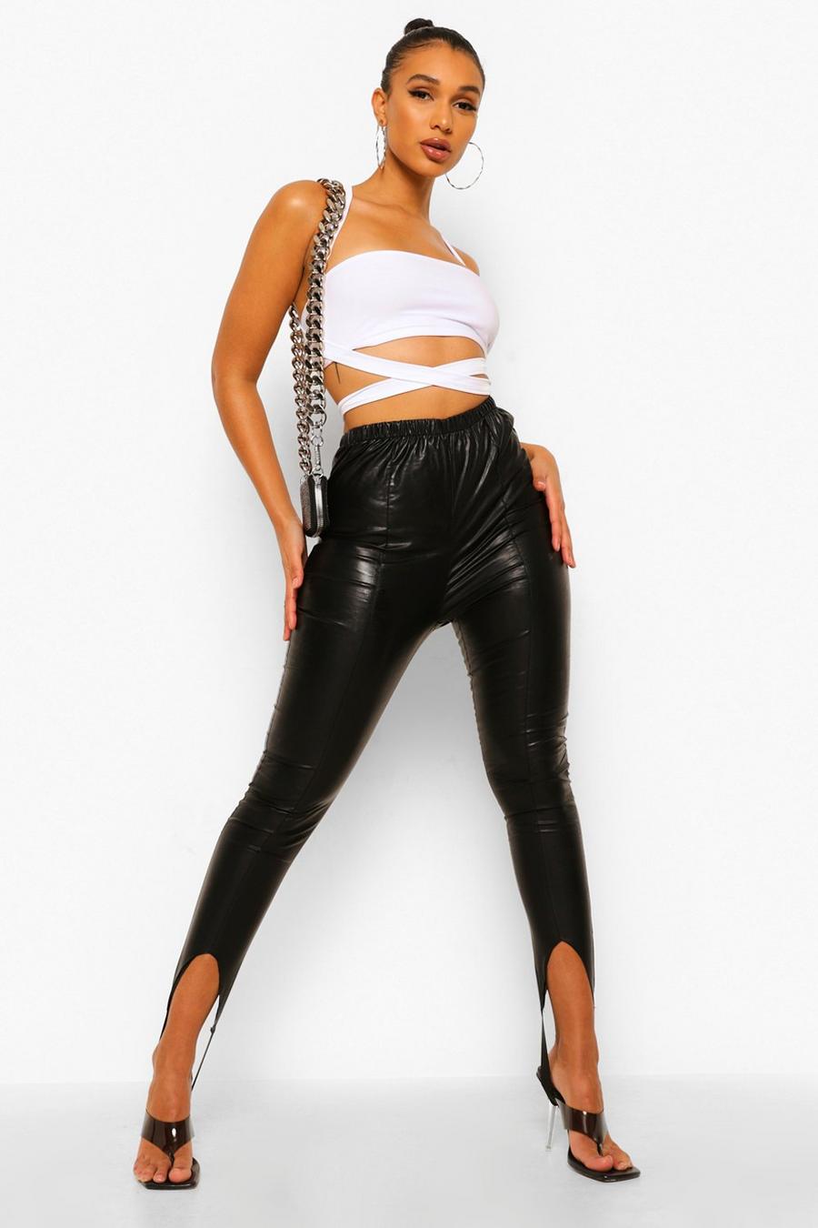 Black Faux Leather Legging With Stirrup image number 1