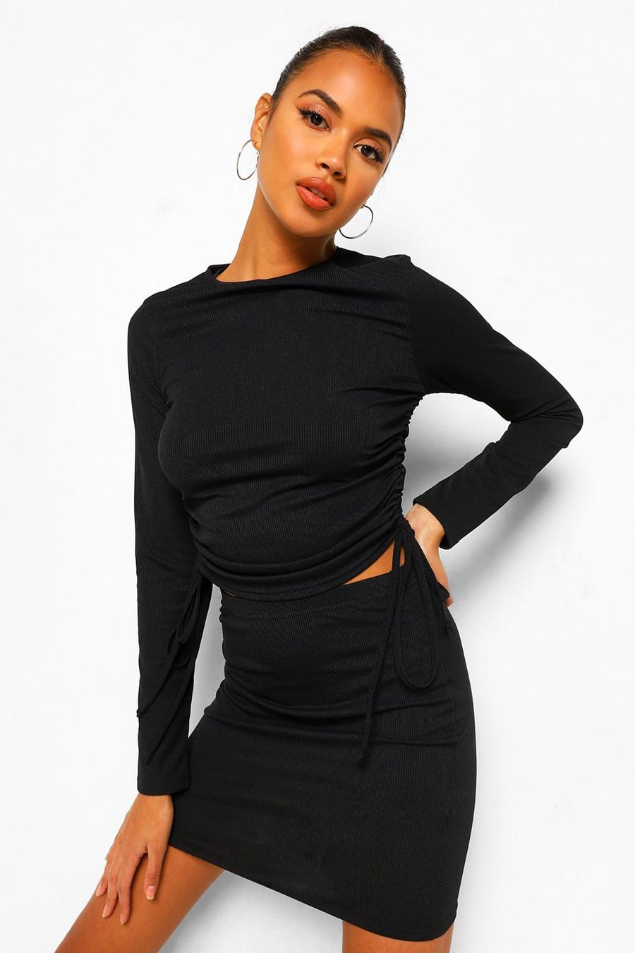 Black Rib Ruched Side Top And Midi Skirt Co-Ord image number 1