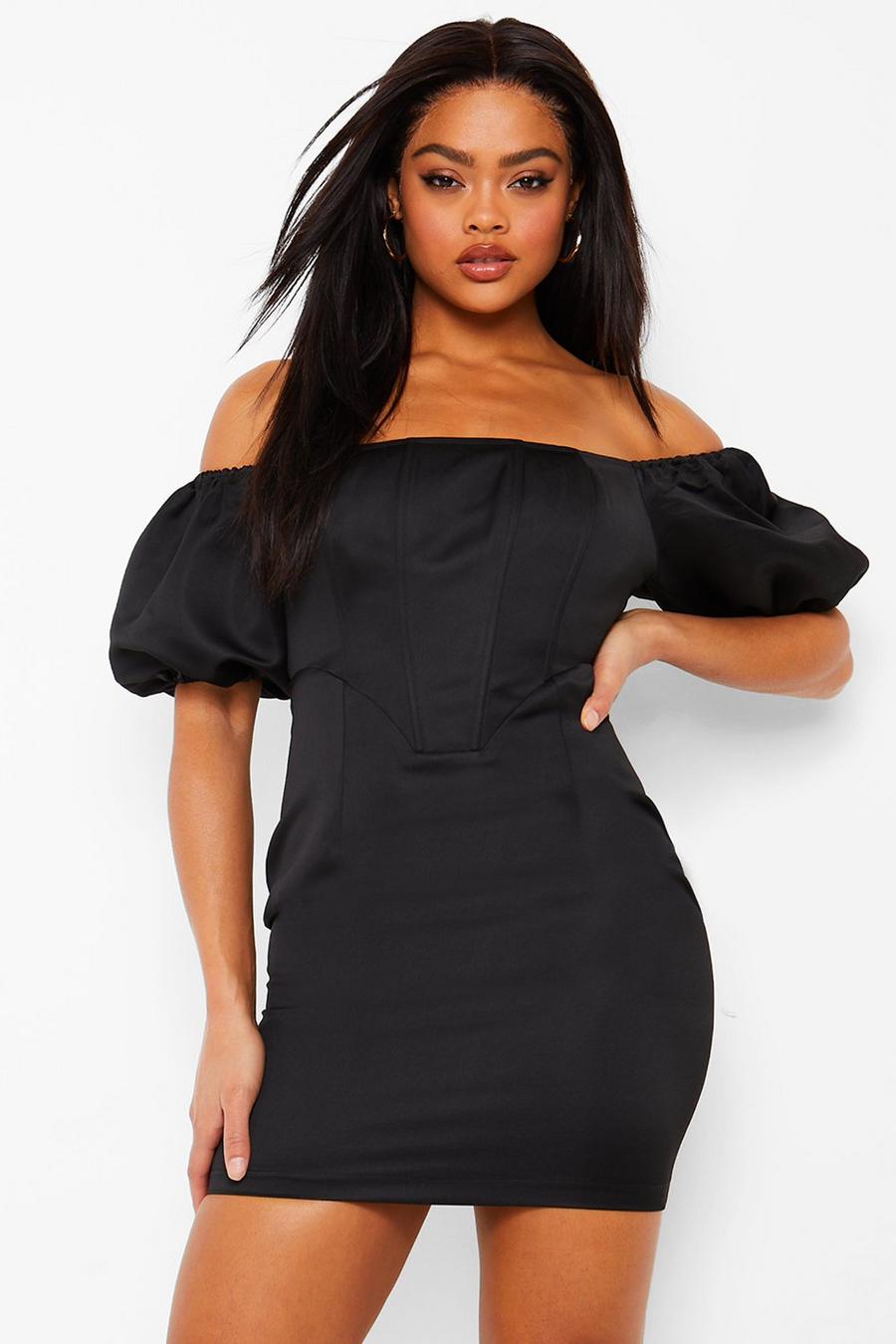 שחור שמלת מיני עם עיטור מחוך ושרוולים תפוחים image number 1