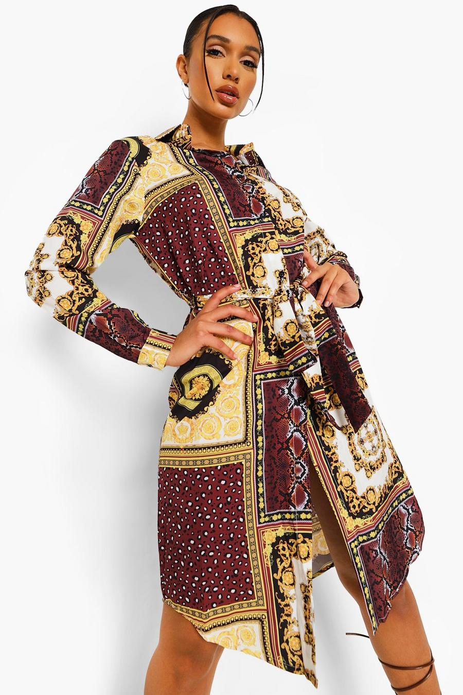 Chocolate Skjortklänning med blandande mönster och knytskärp image number 1