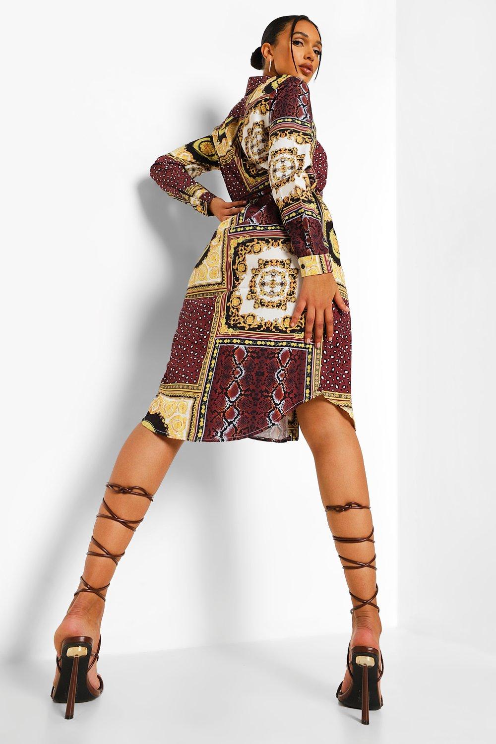 Mixed Chain Print Belted Midi Shirt Dress