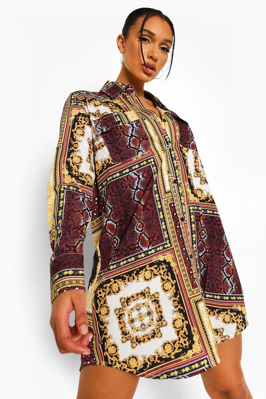 Blusenkleid mit variierendem Barockmuster, Schokoladenbraun image number 1