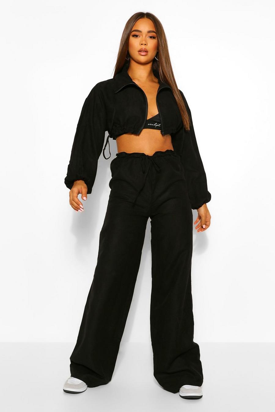 Black Suedette Wide Leg Utility Joggers image number 1