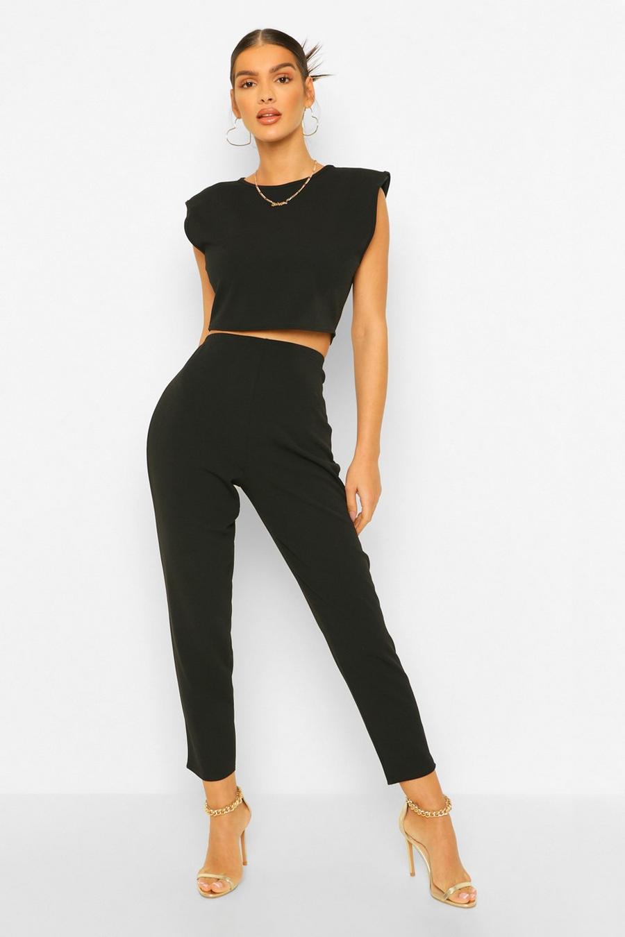 Black Shoulder Pad Cropped T Shirt And Pants Co Ord image number 1