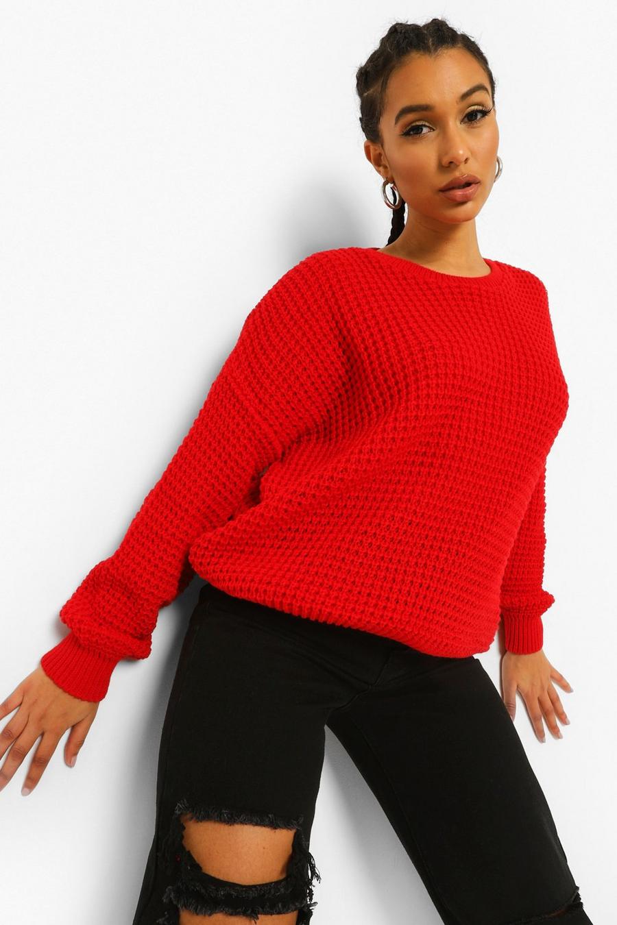 אדום סוודר בסריגת וופל image number 1