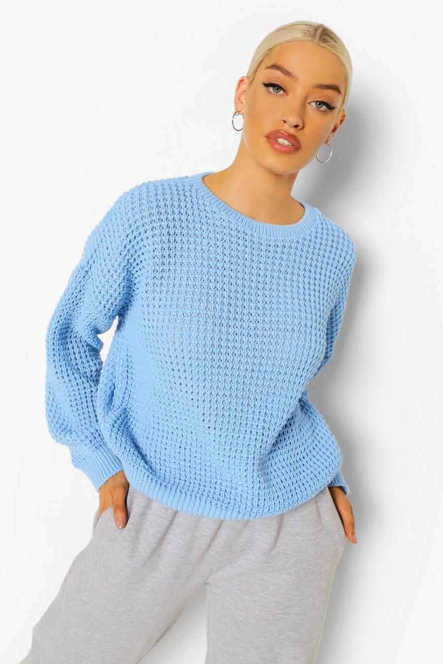 כחול סוודר בסריגת וופל image number 1
