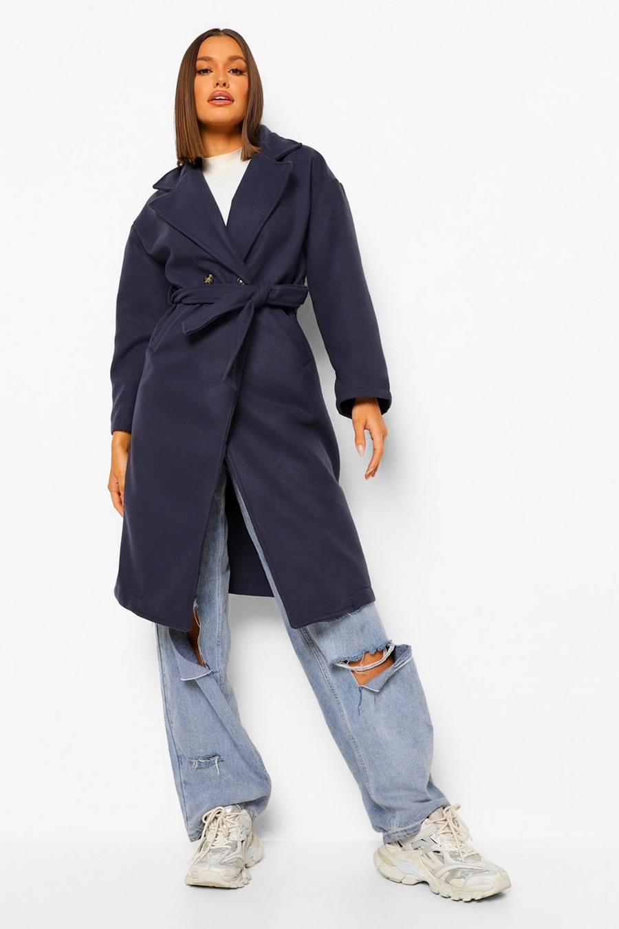 Navy Double Breasted Belted Wool Look Coat image number 1