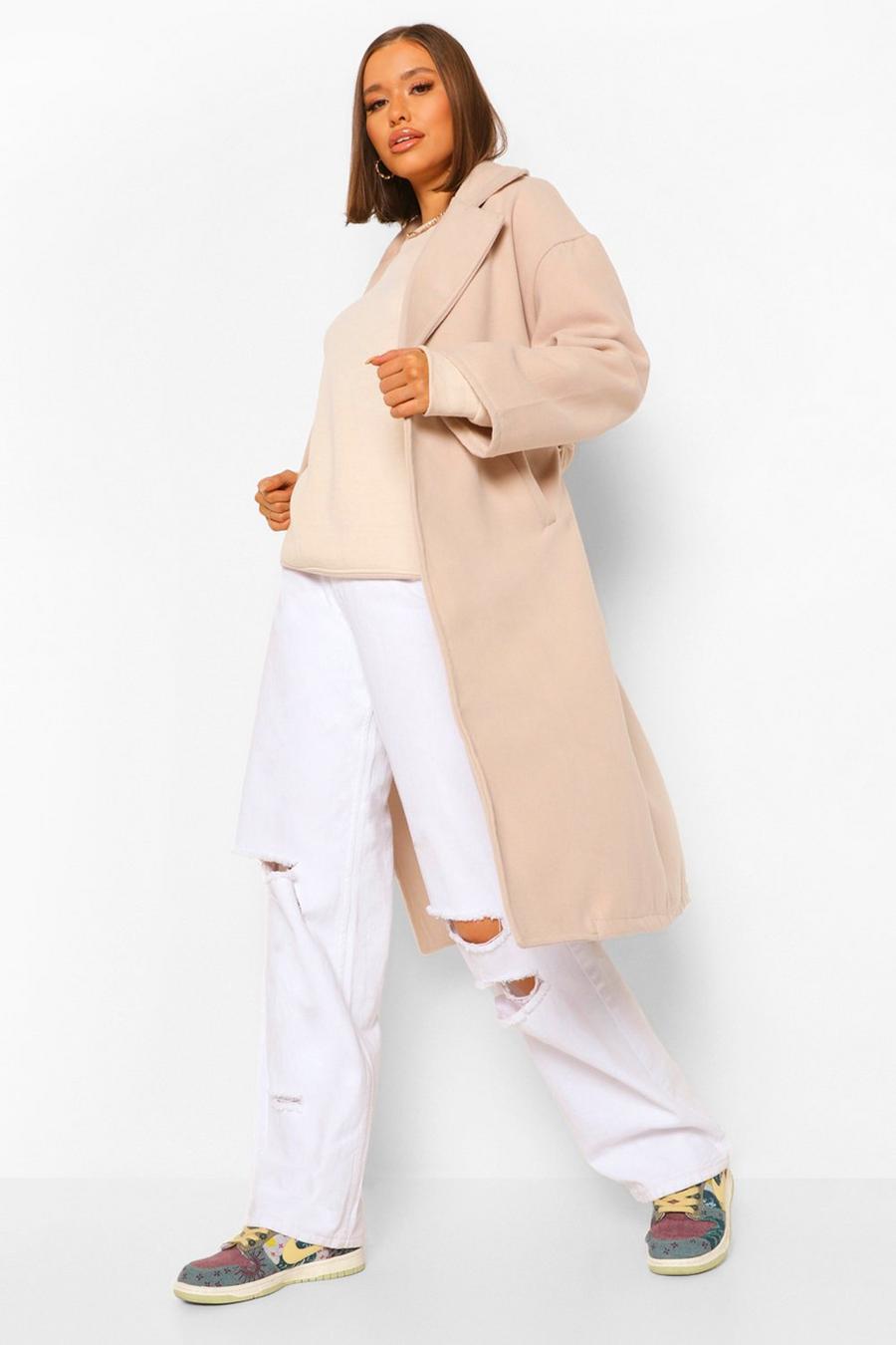 Stone beige Double Breasted Belted Wool Look Coat