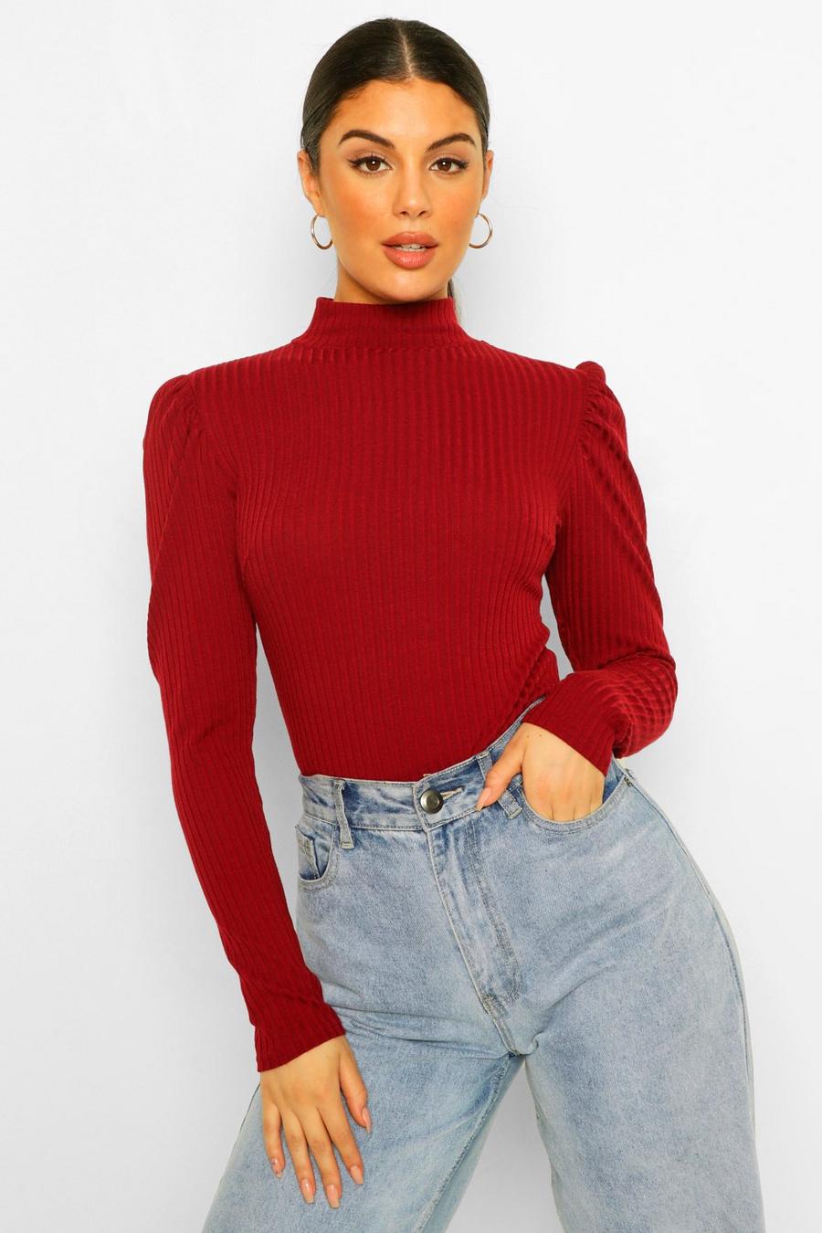 Berry Rib High Neck Puff Sleeve Bodysuit image number 1