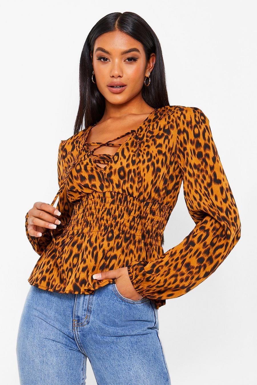 Brown Woven Leopard Lace Up Blouse image number 1