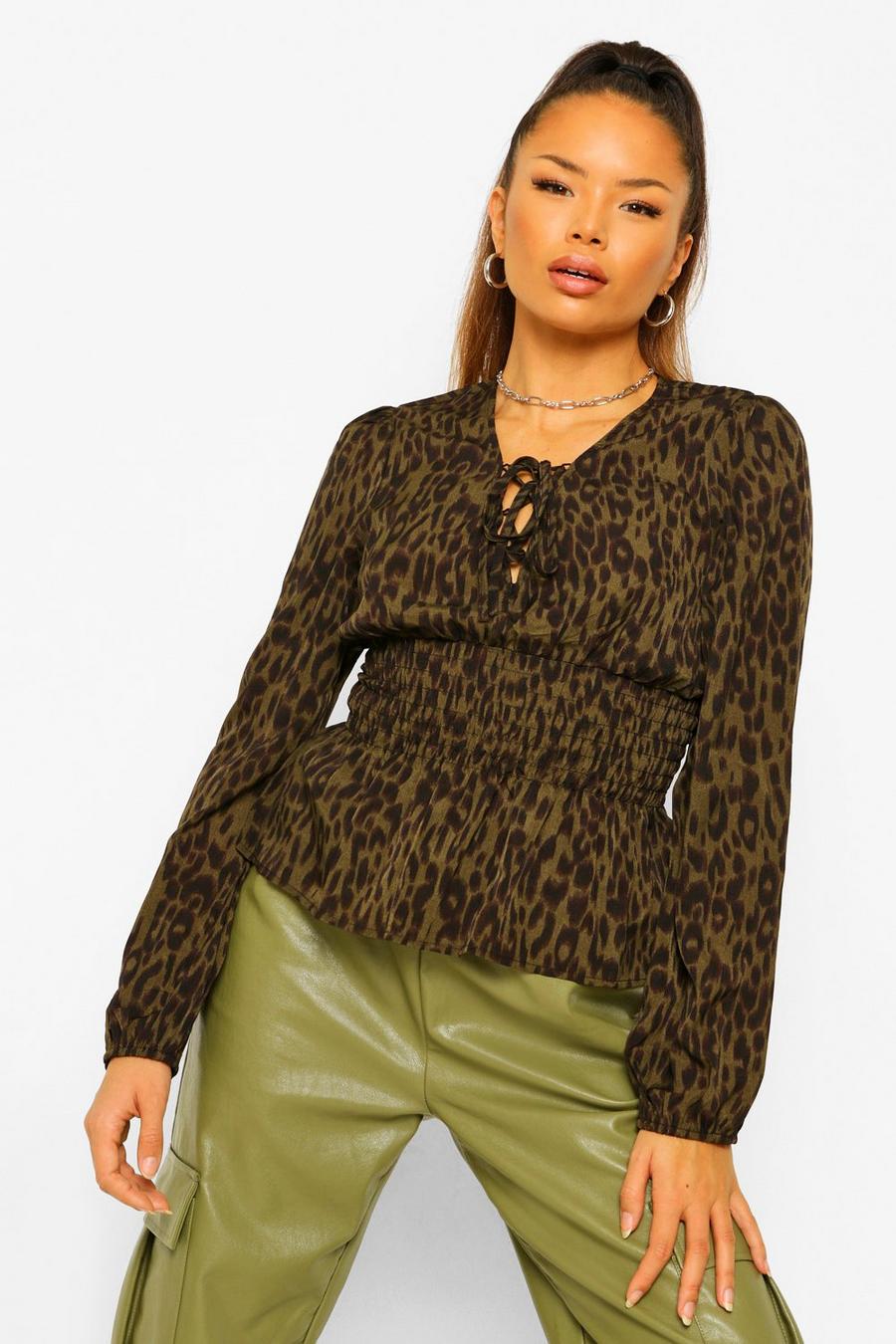 Khaki Woven Leopard Lace Up Blouse image number 1