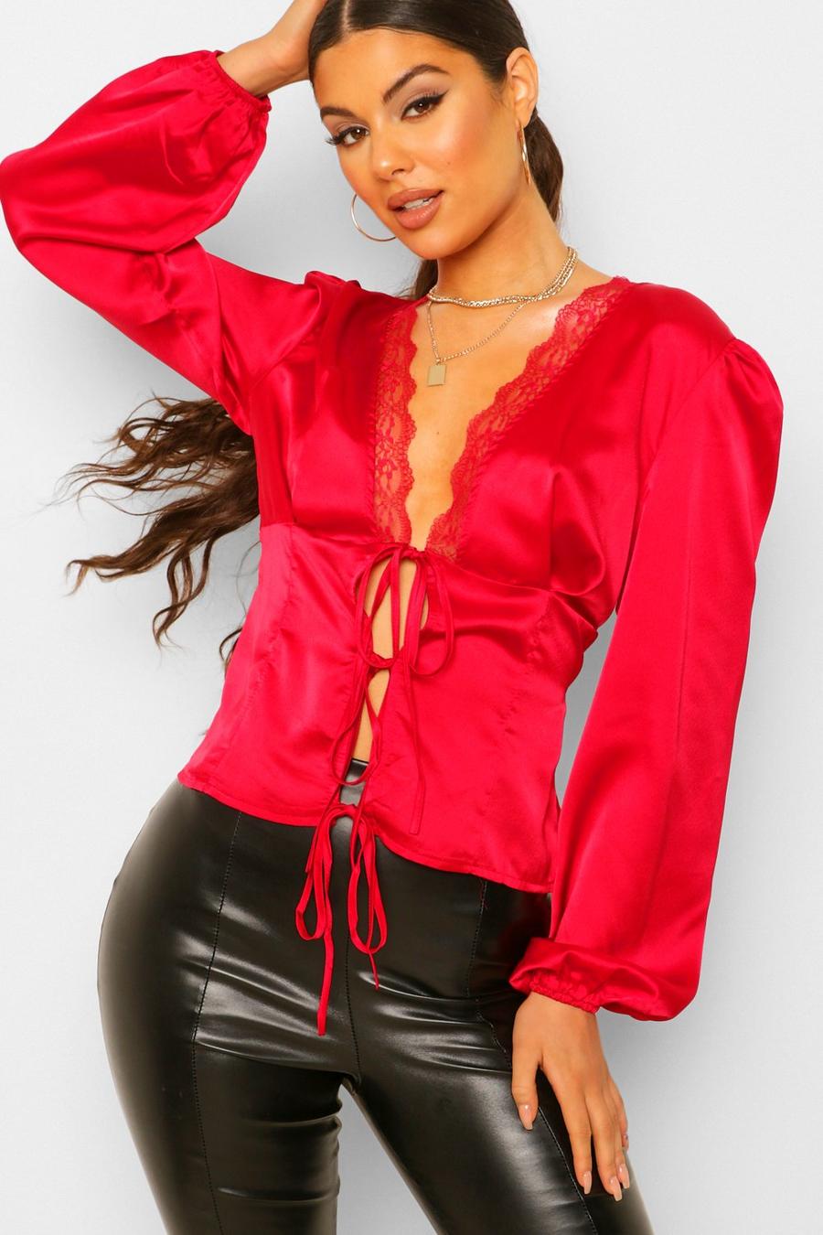 Berry Satin Lace Up Blouse image number 1