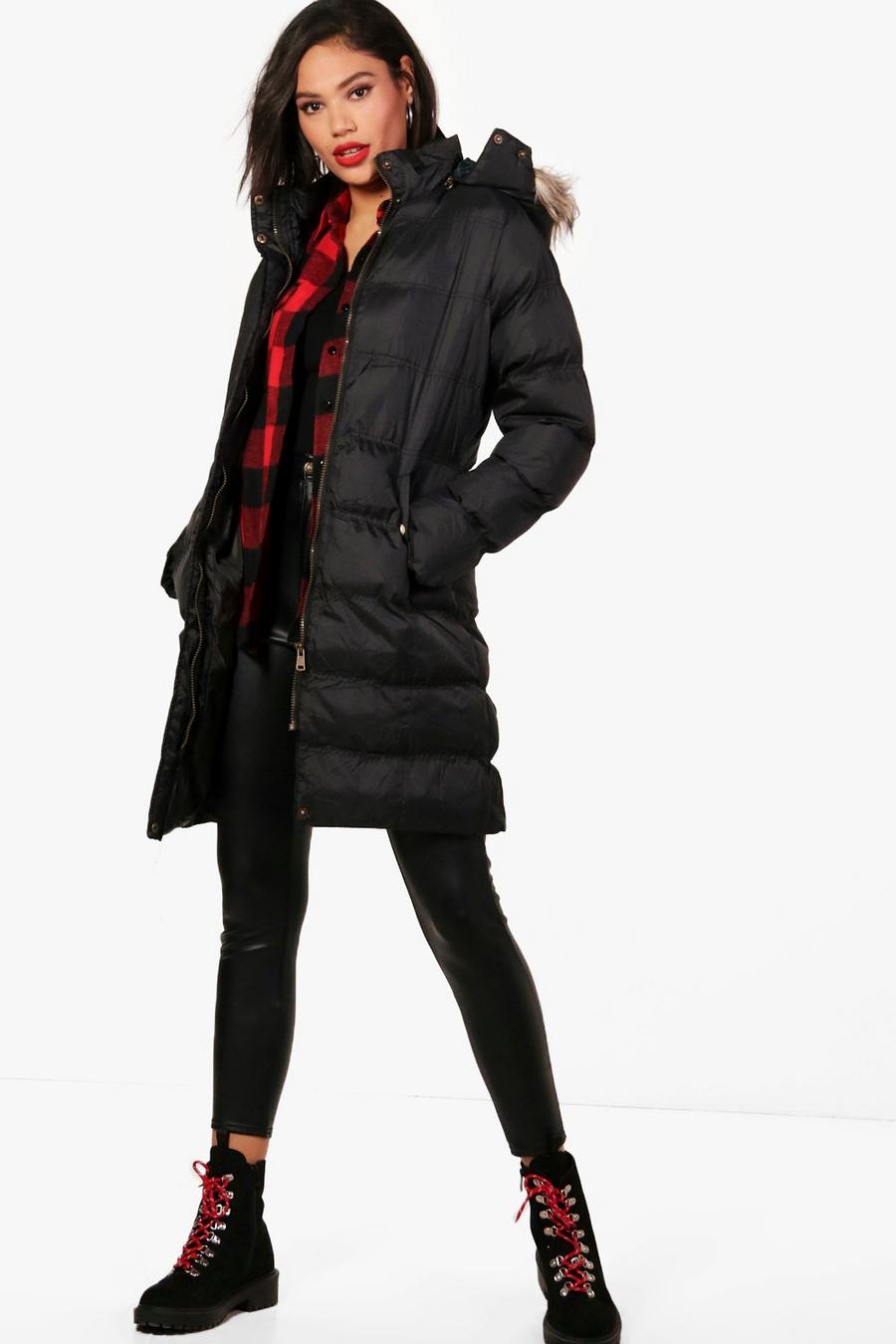 Black Longline Hooded Faux Fur Trim Puffer Jacket image number 1