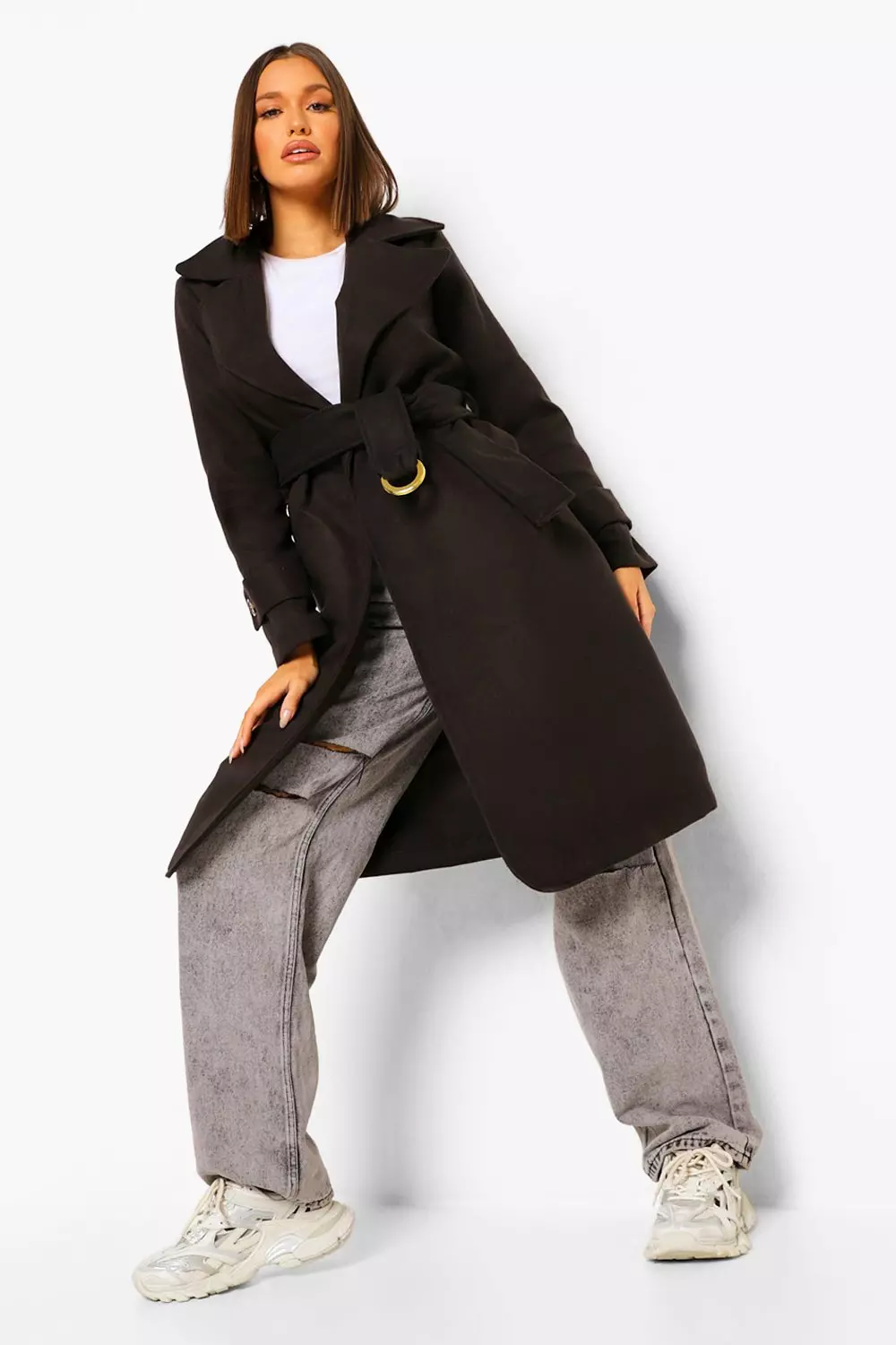 Buckle Detail Belted Wool Look Coat Boohoo