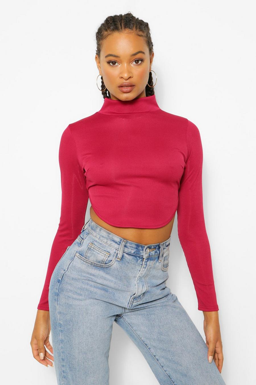 Berry Rib Open Back High Neck Crop Top image number 1