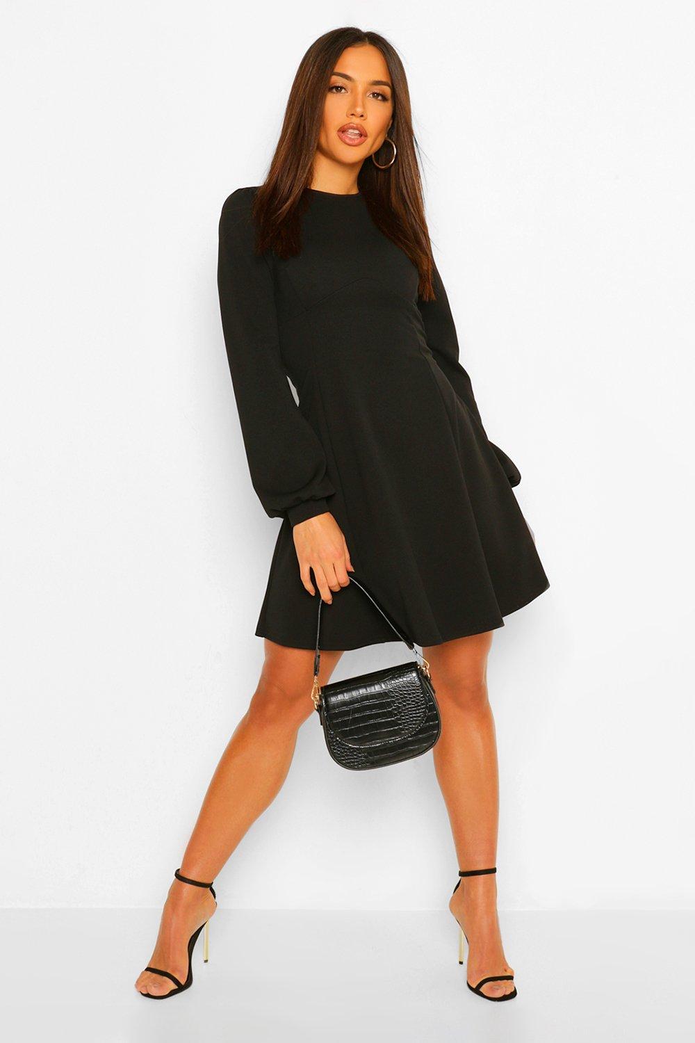 Women's Black Blouson Sleeve Skater Dress