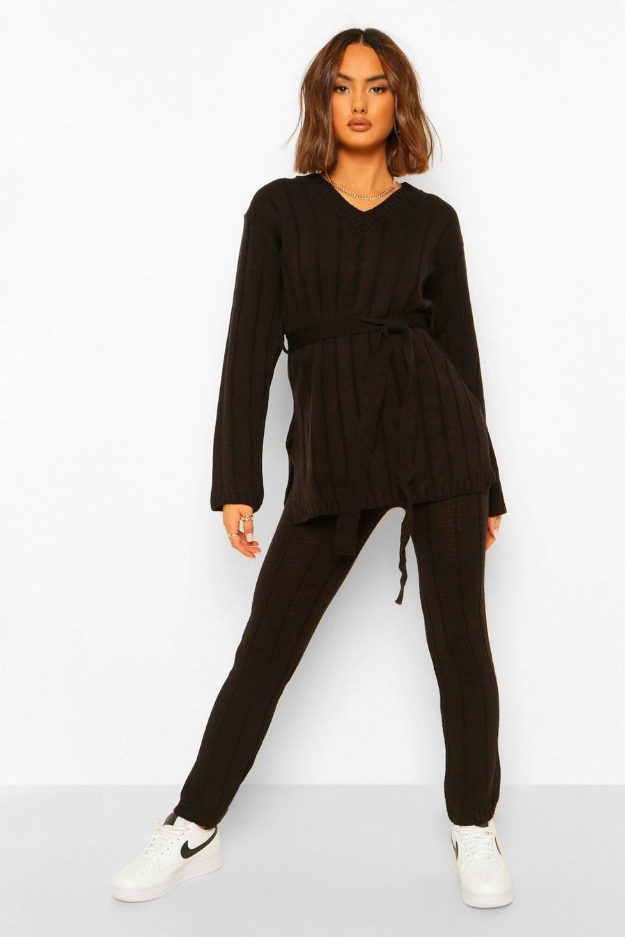 Black Knitted Belted Top And Trouser Set image number 1