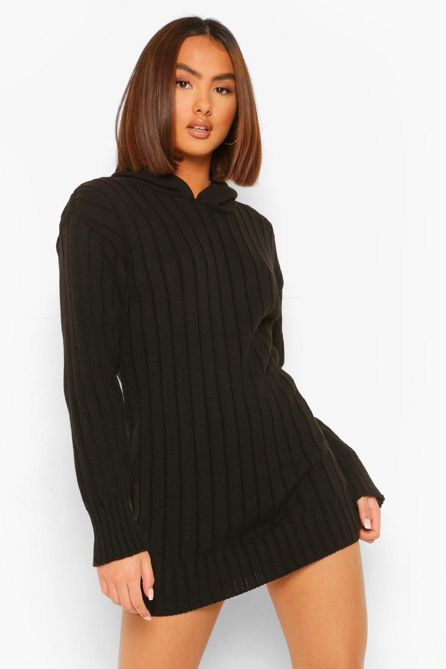 Rib Knit Hooded Dress, Black image number 1