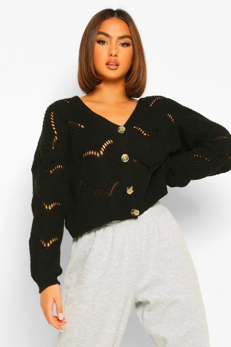 Black Chunky Pointelle Knit Cardigan image number 1