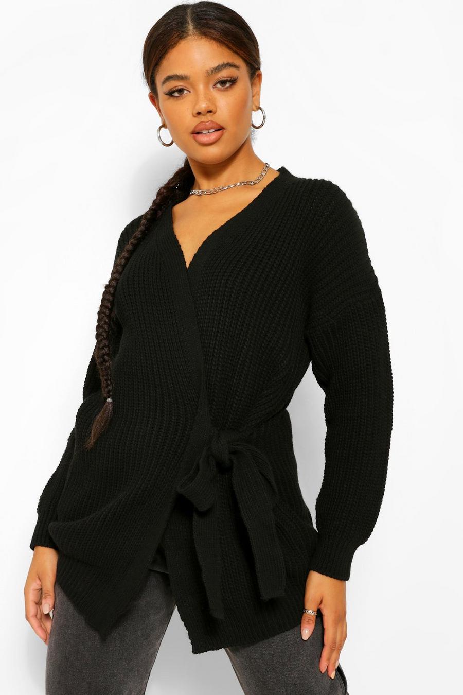 Black Tie Side Chunky Knit Cardigan image number 1