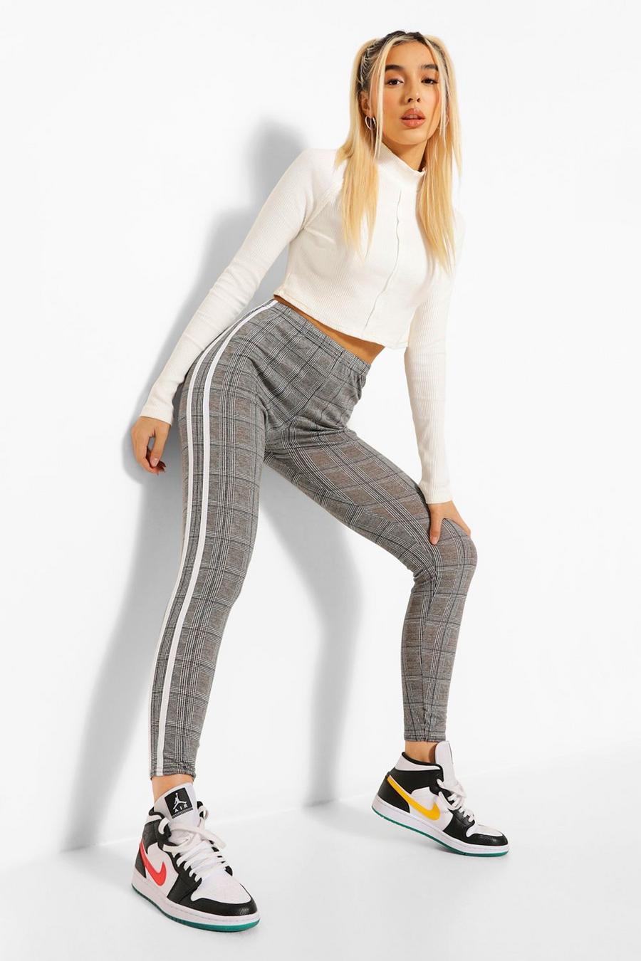 Grey Checked Double Side Stripe Leggings image number 1