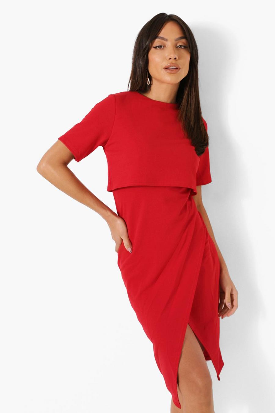 Red Layered Wrap Wiggle Midi Dress image number 1