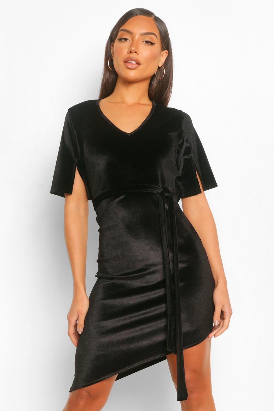 שחור שמלת מיני קטיפה עם שסע בשרוול image number 1