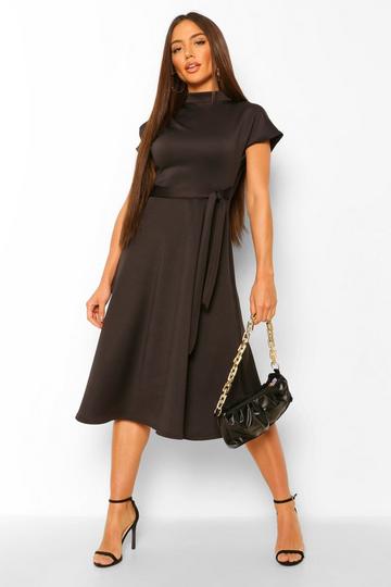 Funnel Neck Belted Midi Skater Dress black