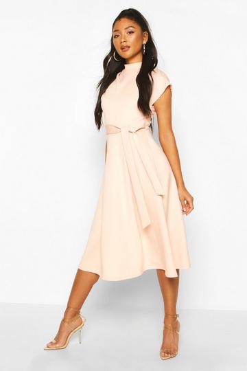 Funnel Neck Belted Midi Skater Dress blush