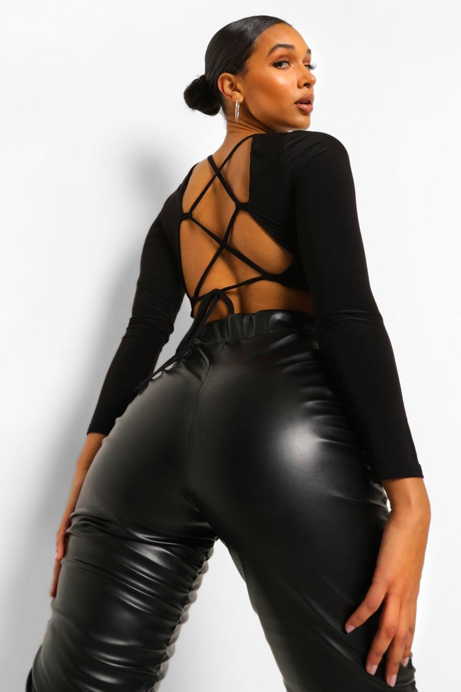 Black Double Slinky Lace Up Back Crop Top image number 1