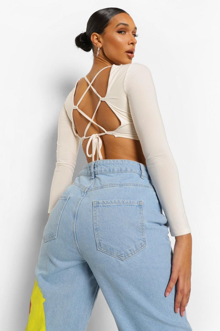 Ecru Double Slinky Lace Up Back Crop Top image number 1